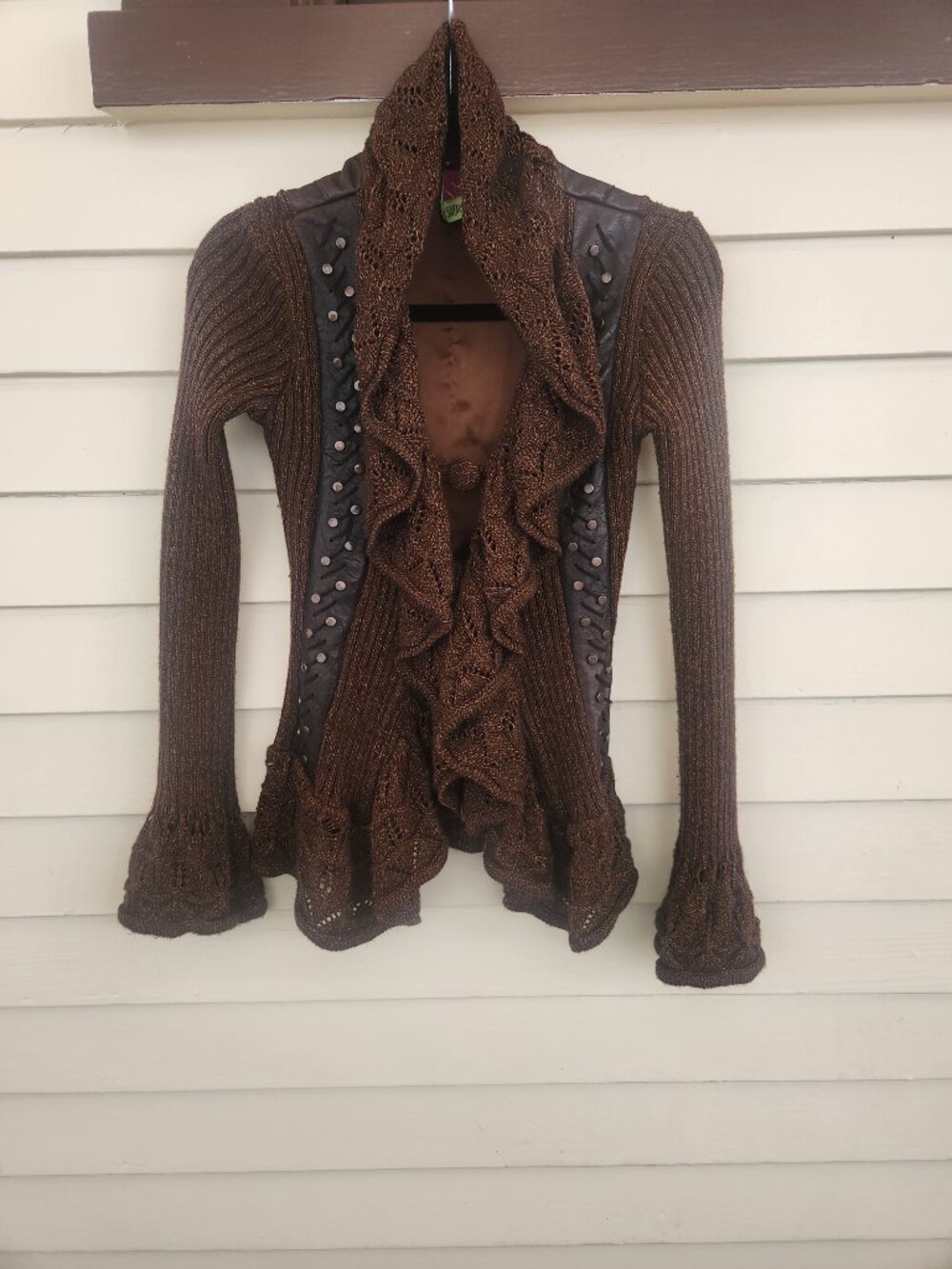 Save The Queen Knit Hooded Cardigan Sweater Brown Wool Blend S EUC - Picture 2 of 13